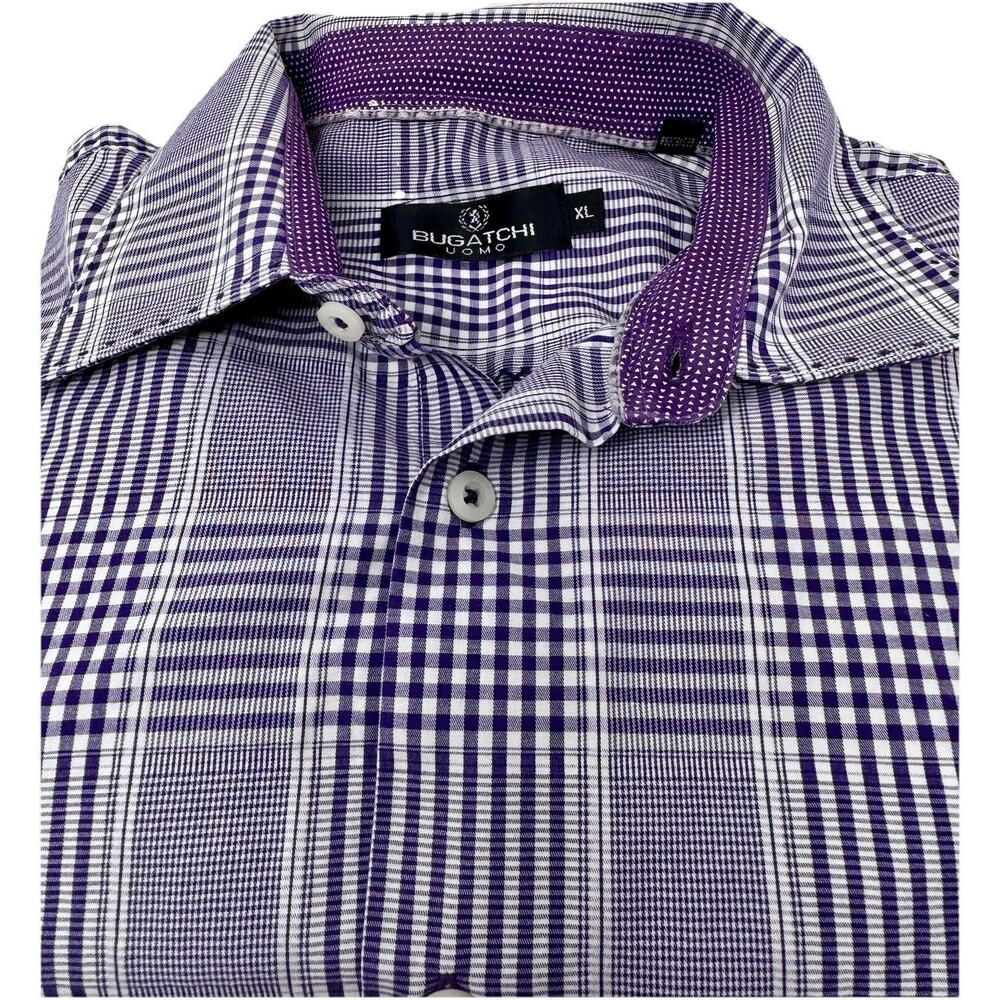 Bugatchi Men’s Purple Mini Check Shirt With Dot Flip Cuffs Size XL‎